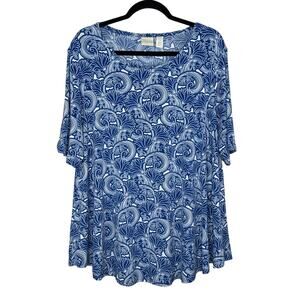 Chicos Women's Size XL Blue White Floral Swirl Abstract Print Pullover Top Shirt